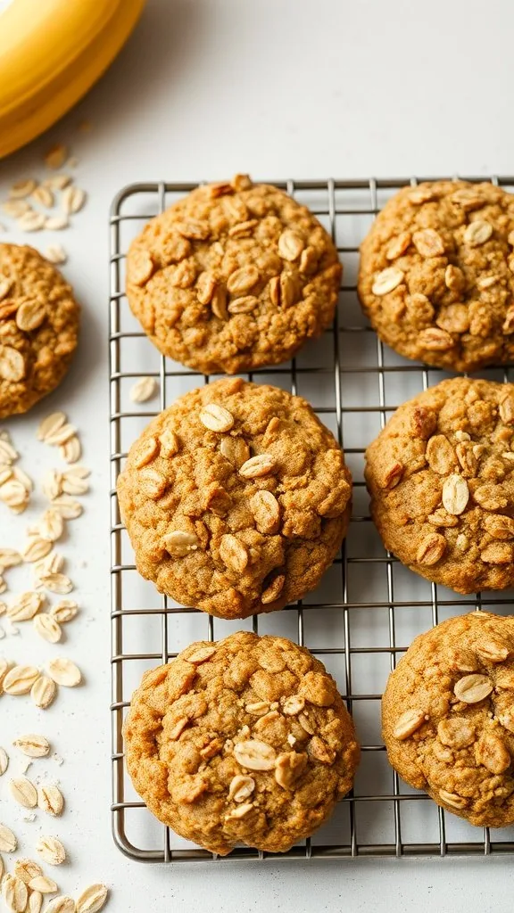 Freshly baked banana oatmeal cookies cooling on a wire rack with scattered oats.