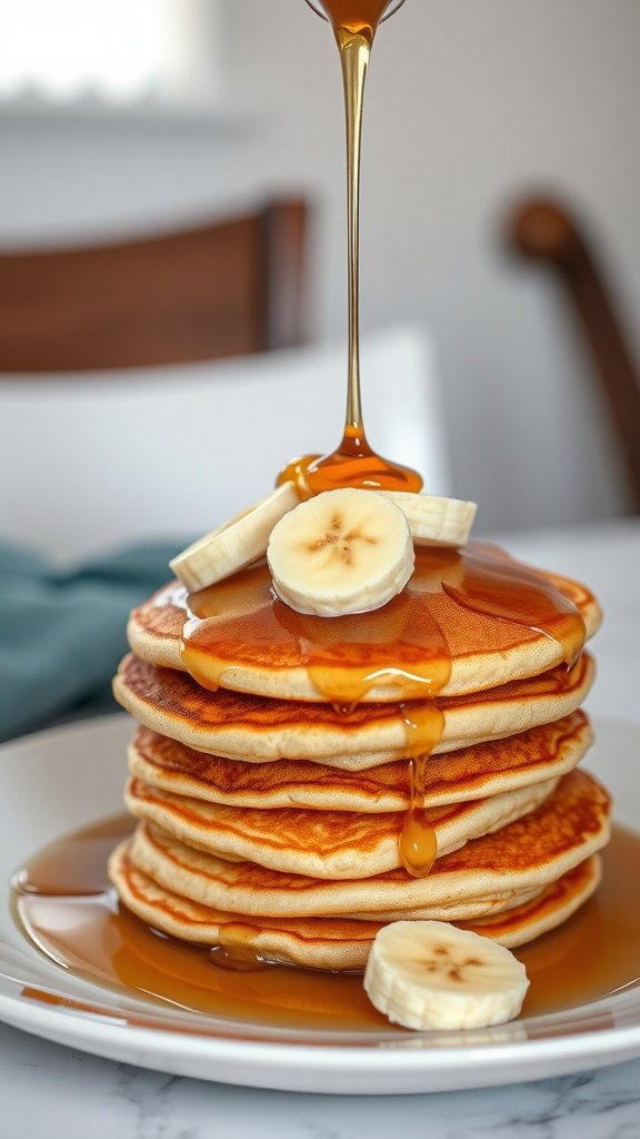 Stack of banana pancakes topped with banana slices and dripping maple syrup