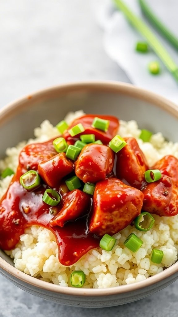 A bowl of BBQ chicken on a bed of cauliflower rice, topped with green onions.