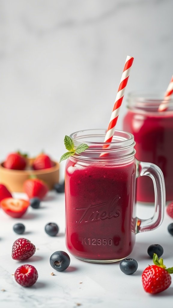 A vibrant beetroot and berry drink in a mason jar with a striped straw, surrounded by fresh berries.