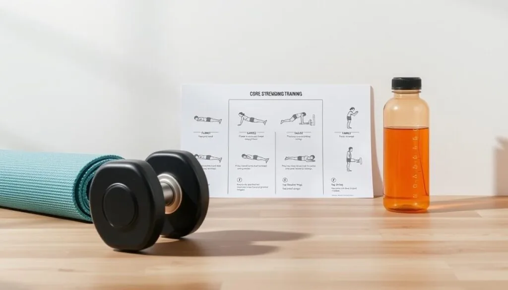 Yoga mat, dumbbell and water bottle on a light wood floor beside a printed exercise chart