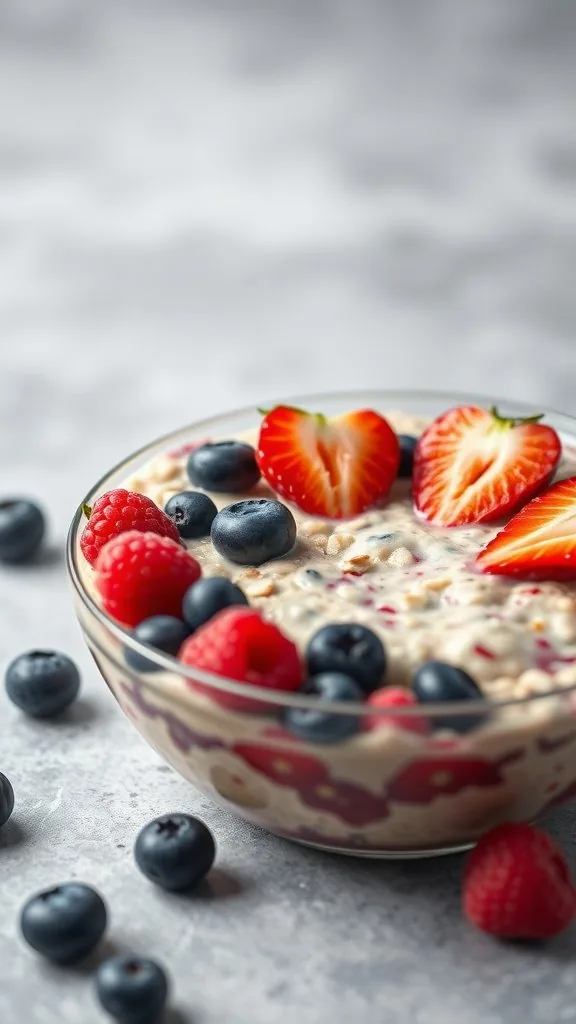 A bowl of Berry Burst Overnight Oats topped with strawberries, blueberries, and raspberries.