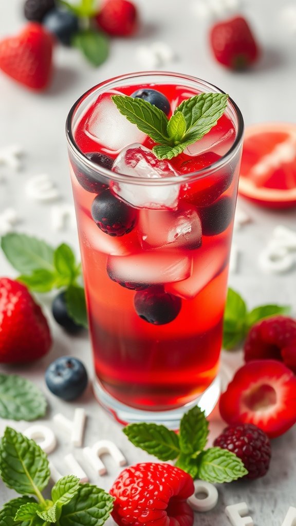 A tall glass of Berry Hibiscus Iced Tea with ice, blueberries, raspberries, and mint on top.