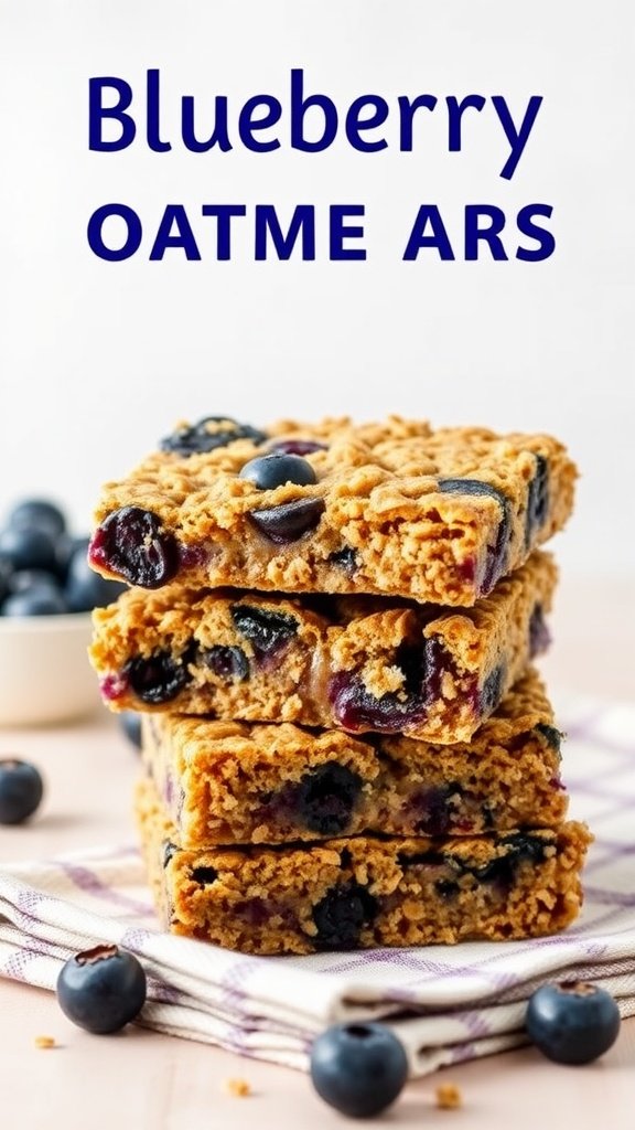 Stack of blueberry oatmeal bars with fresh blueberries around