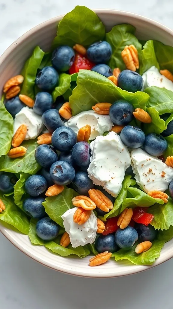 A colorful blueberry salad with goat cheese, pecans, and fresh lettuce.