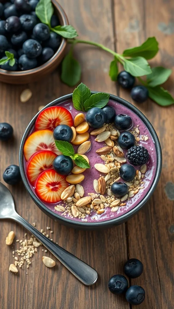 Blueberry smoothie bowl with fruit and granola