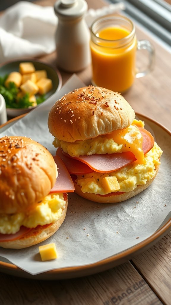 Breakfast ham and cheese sliders with scrambled eggs, ham, and cheese on a plate with orange juice and cheese cubes in the background.