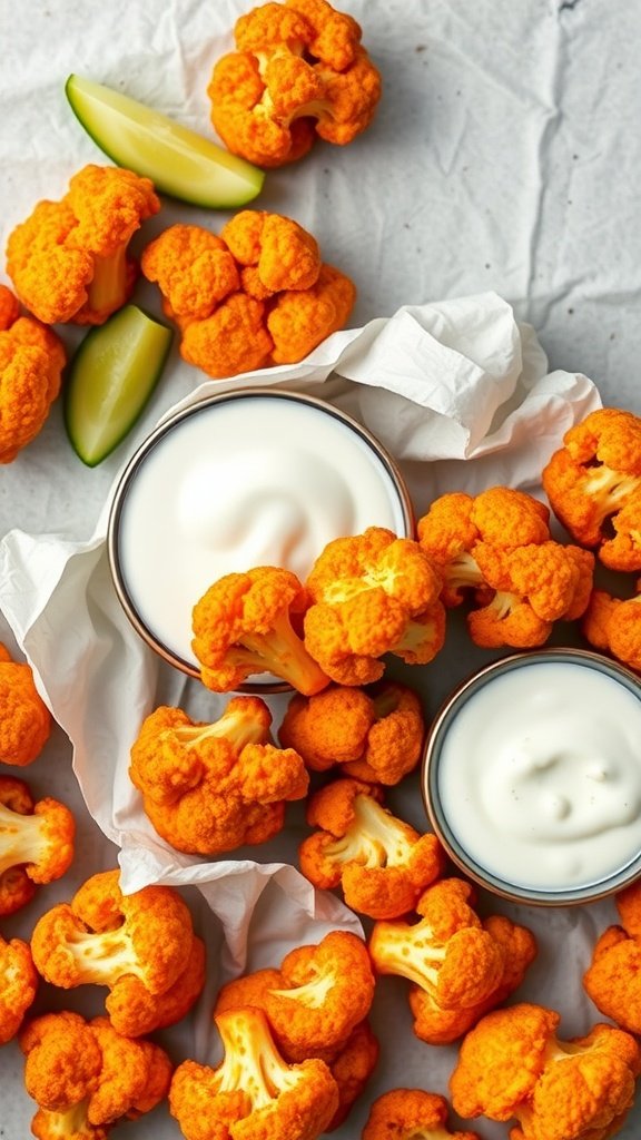 Buffalo cauliflower bites with dipping sauces and lime wedges