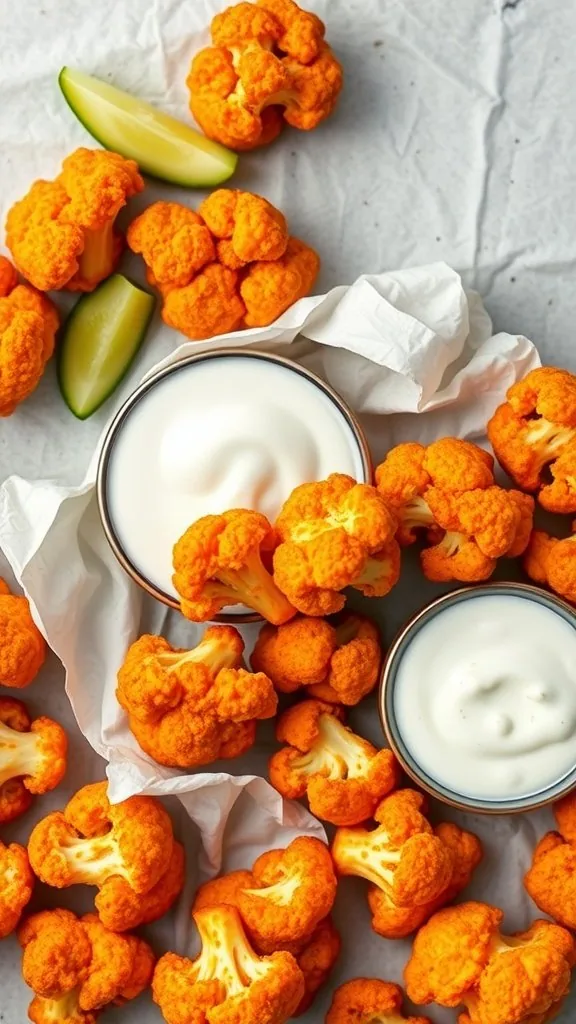 Buffalo cauliflower bites with dipping sauces and lime wedges