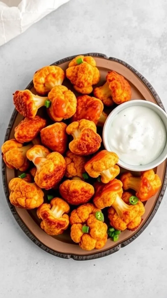 A plate of golden buffalo cauliflower bites with a side of ranch dip.