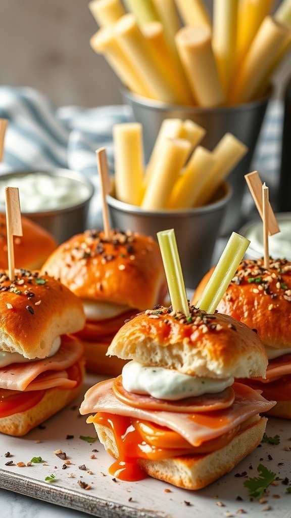 A close-up of Buffalo Ham Sliders on a serving platter with celery sticks and dipping sauce.