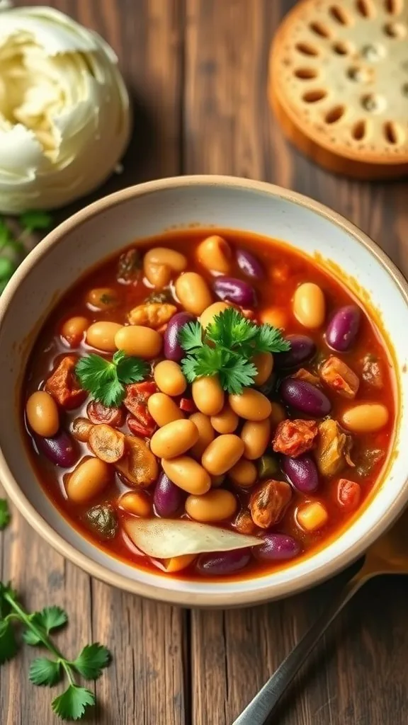 A bowl of cabbage and bean vegetarian chili with various beans and fresh cilantro on top.