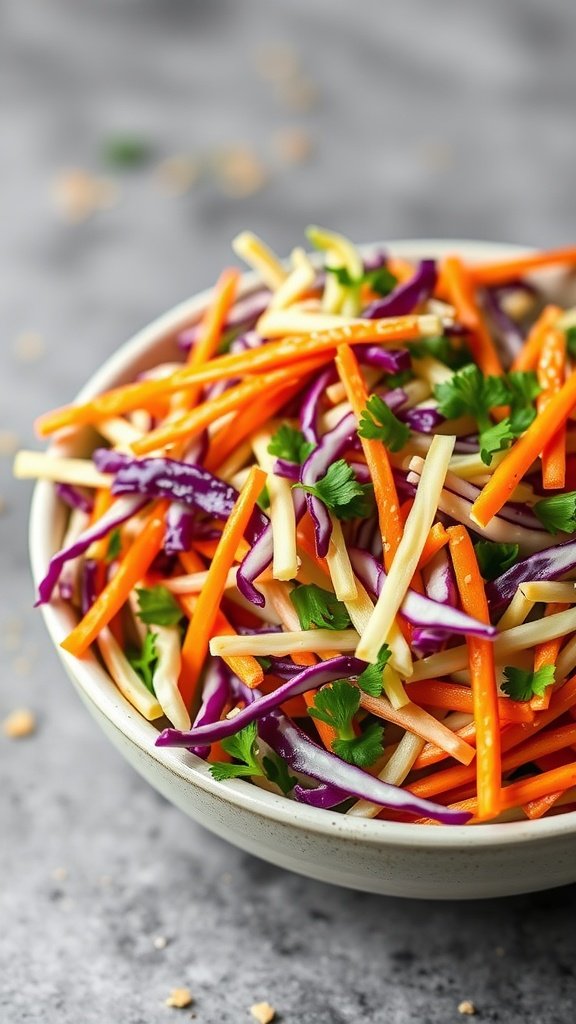 A bowl of colorful cabbage and carrot slaw with purple and green cabbage, shredded carrots, and fresh cilantro.