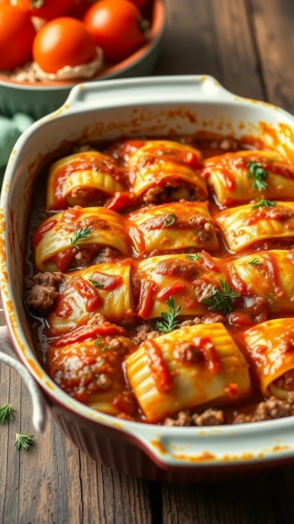 A delicious Cabbage Roll Casserole with layers of cabbage, ground meat, and tomato sauce.