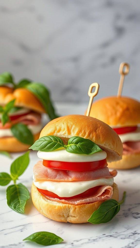 Caprese ham sliders with ham, mozzarella, tomato, and basil on a marble surface