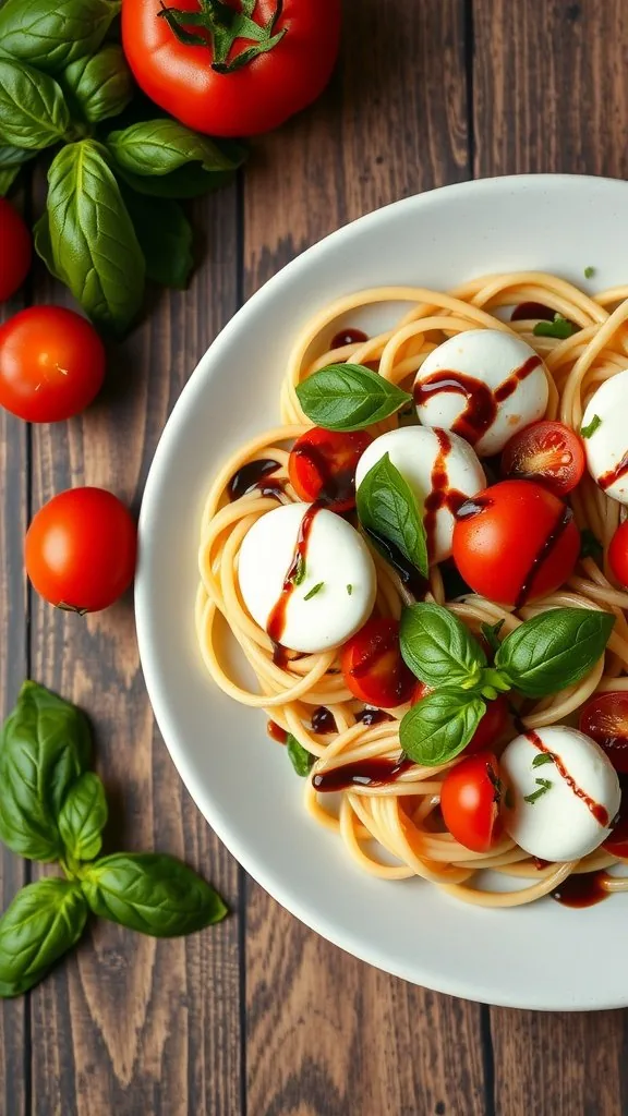A bowl of Caprese pasta salad with mozzarella, cherry tomatoes, and basil, drizzled with balsamic glaze, on a wooden surface.