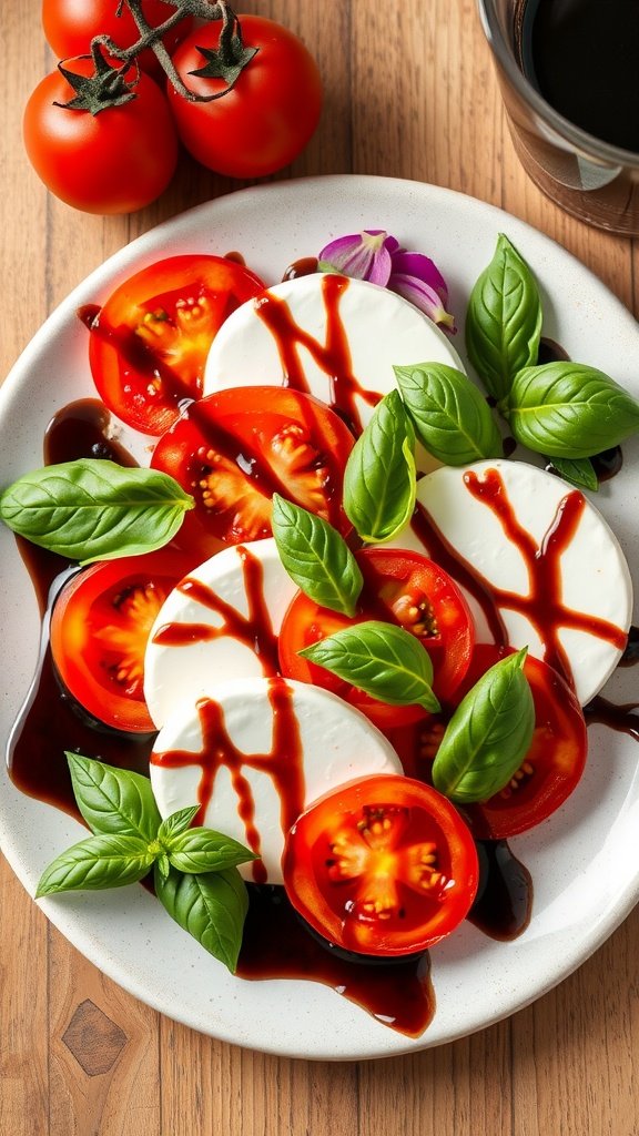 A plate of Caprese salad featuring sliced tomatoes, mozzarella, fresh basil, and drizzled balsamic glaze.