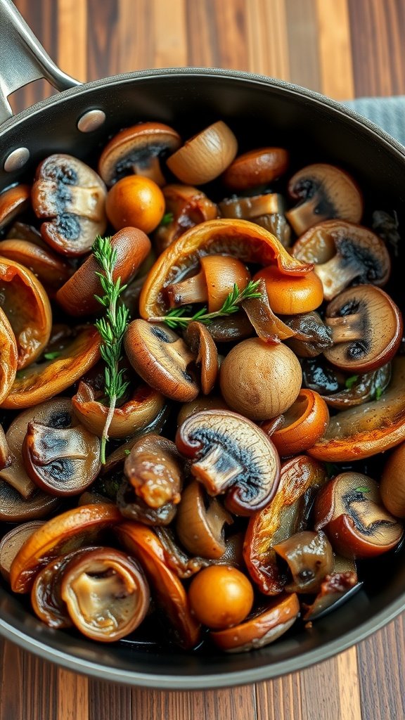 A skillet filled with caramelized onions and various mushrooms, garnished with thyme.