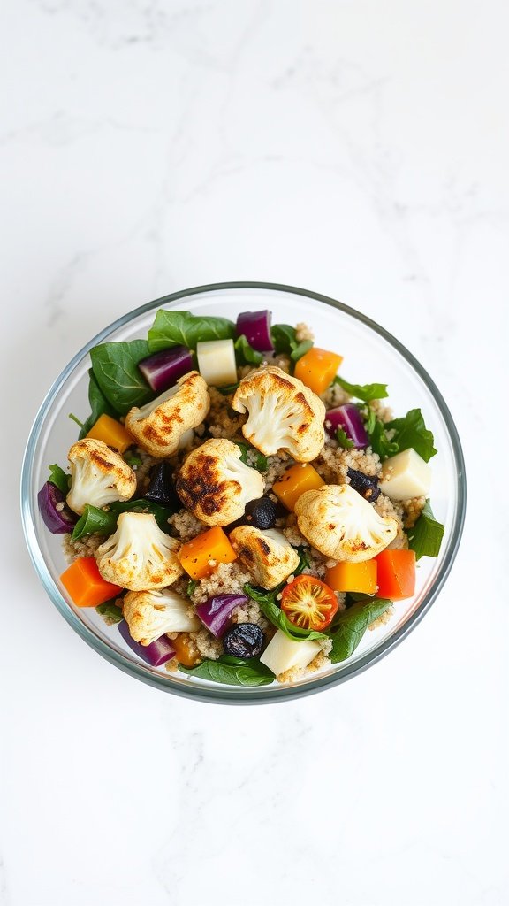 A colorful bowl of cauliflower and quinoa salad with various vegetables.