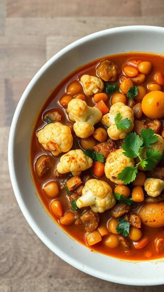 Bowl of cauliflower and lentil stew with lentils, cauliflower, carrots, and spices.