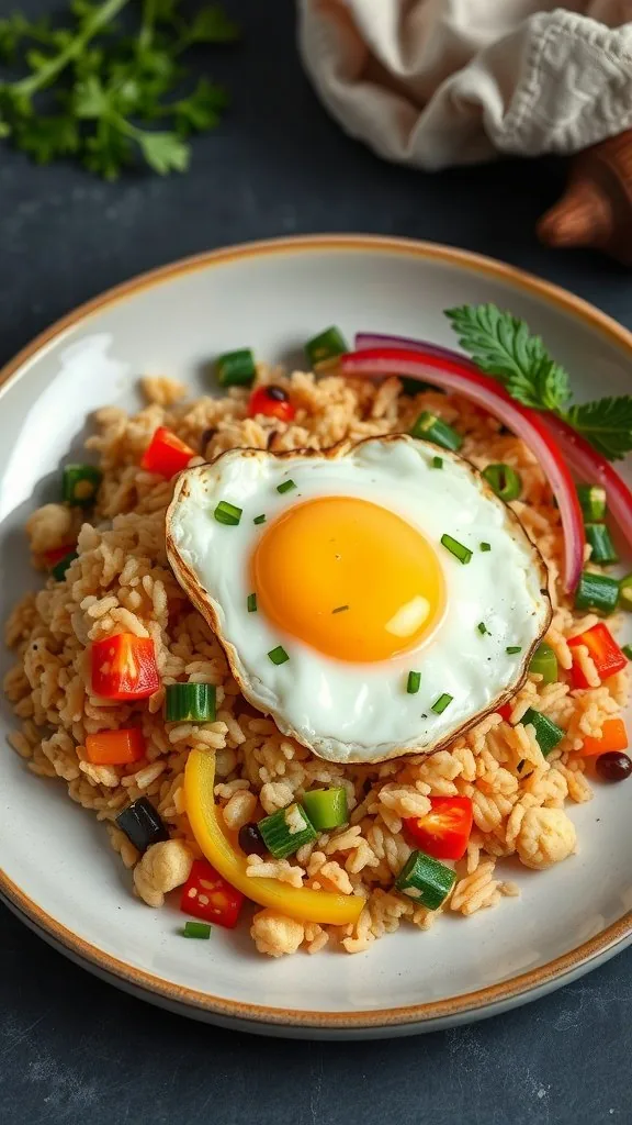 A plate of cauliflower fried rice with colorful vegetables and a fried egg on top.