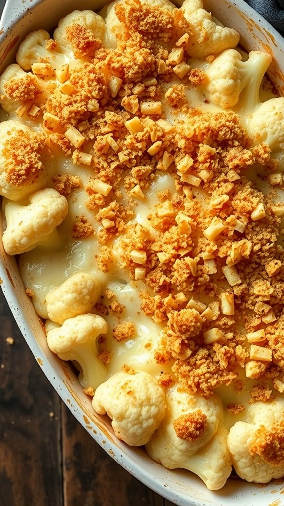 A creamy cauliflower gratin topped with golden breadcrumbs and pieces of cheese.
