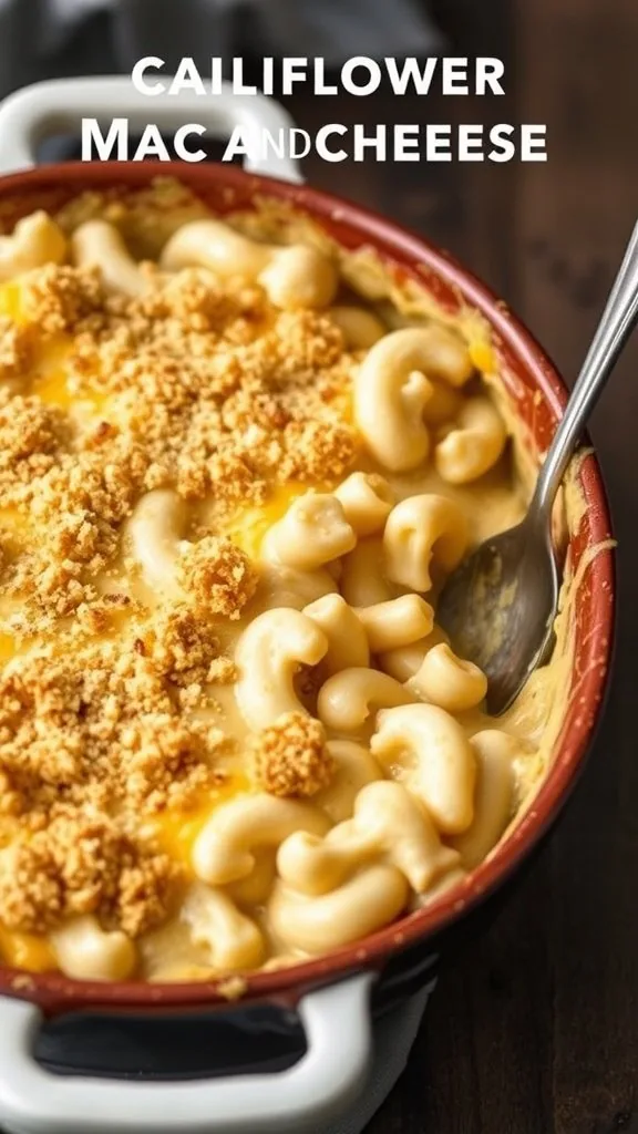 A baked dish of Cauliflower Mac and Cheese with a golden crust and creamy texture.