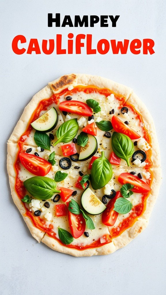 A colorful cauliflower pizza topped with fresh tomatoes, olives, cucumber, and basil leaves