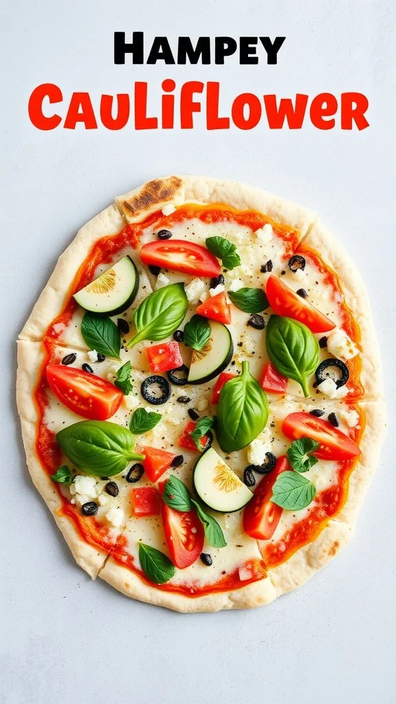 A colorful cauliflower pizza topped with fresh tomatoes, olives, cucumber, and basil leaves