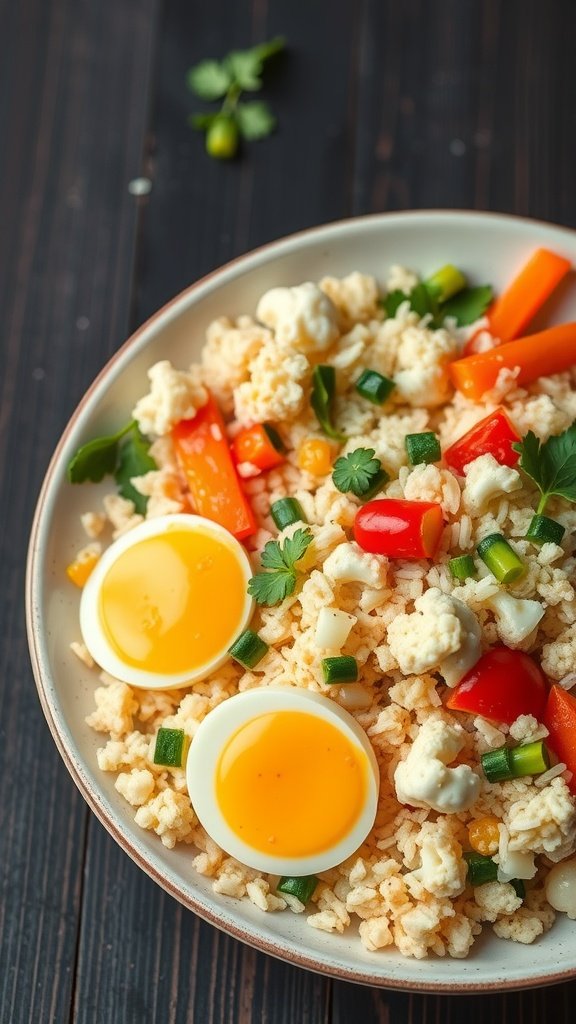 A bowl of cauliflower rice stir-fry with colorful vegetables and two soft-boiled eggs on top, set on a wooden table.