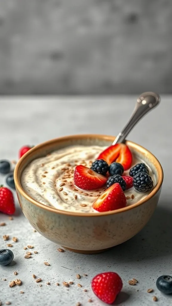 A bowl of creamy chia seed and vanilla oats topped with fresh berries on a table.