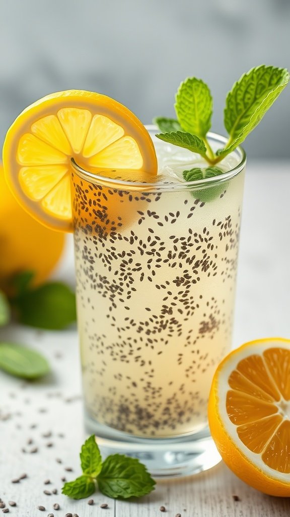 A refreshing glass of chia seed lemonade with a lemon slice and mint leaves