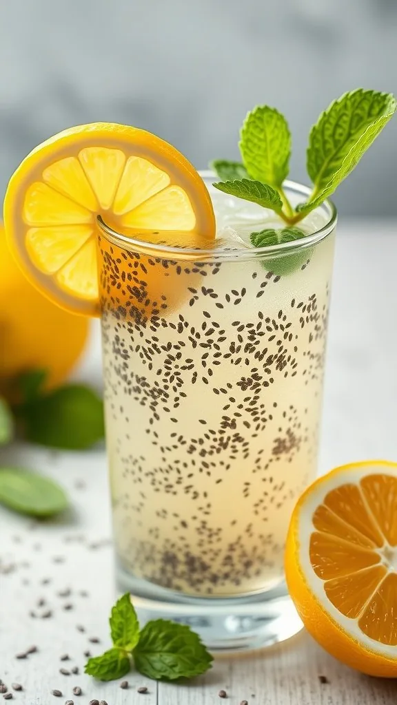 A refreshing glass of chia seed lemonade with a lemon slice and mint leaves