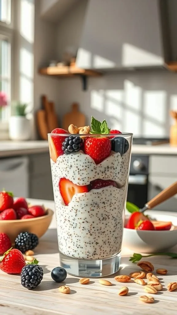 A glass of chia seed pudding layered with fresh berries and nuts.