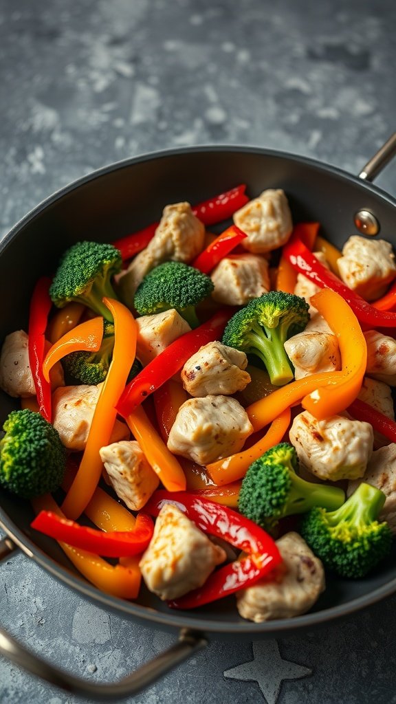 A colorful chicken and vegetable stir-fry with broccoli and bell peppers in a pan.