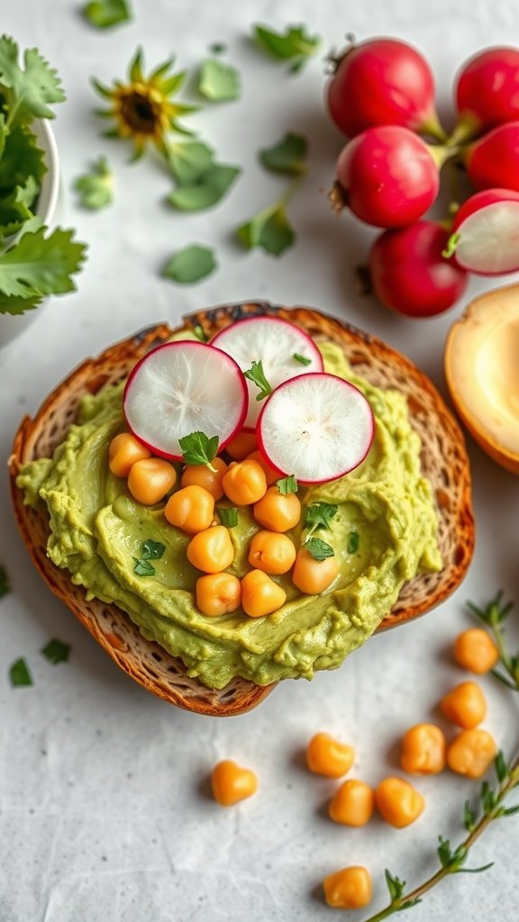 A delicious chickpea and avocado smash spread on toasted bread, topped with radish slices and chickpeas, surrounded by fresh herbs and tomatoes.