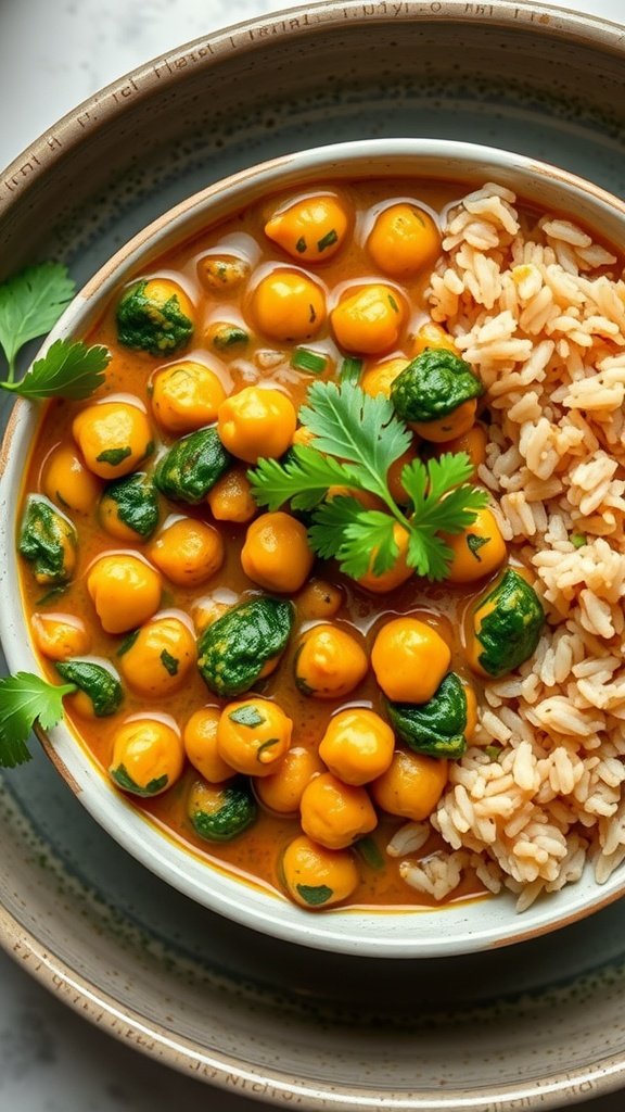 A bowl of chickpea and spinach curry served with rice, garnished with fresh herbs.