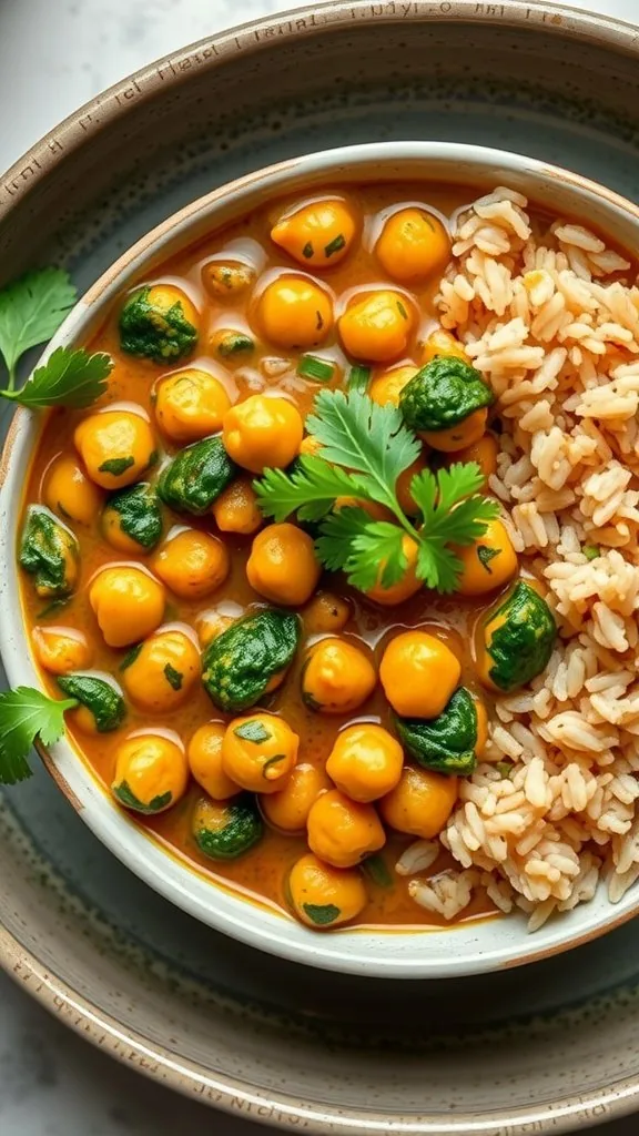 A bowl of chickpea and spinach curry served with rice, garnished with fresh herbs.