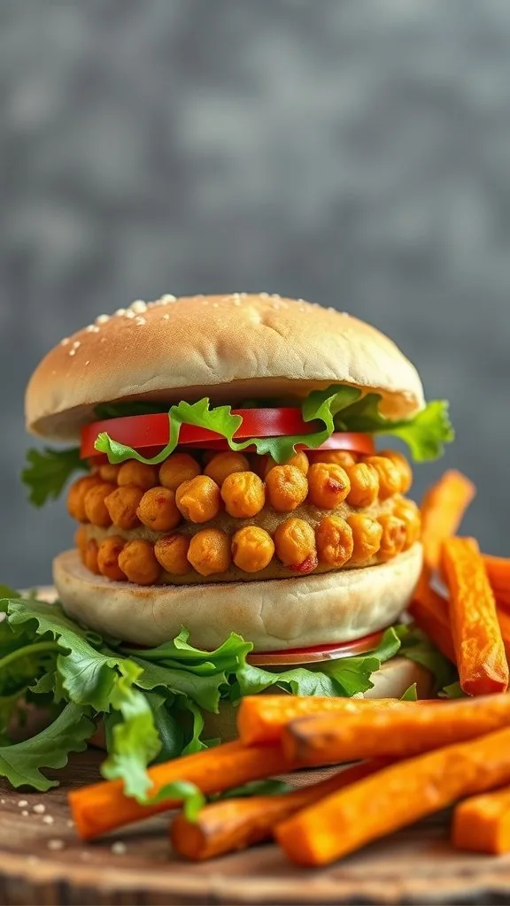 Chickpea burger with sweet potato fries on a wooden platter