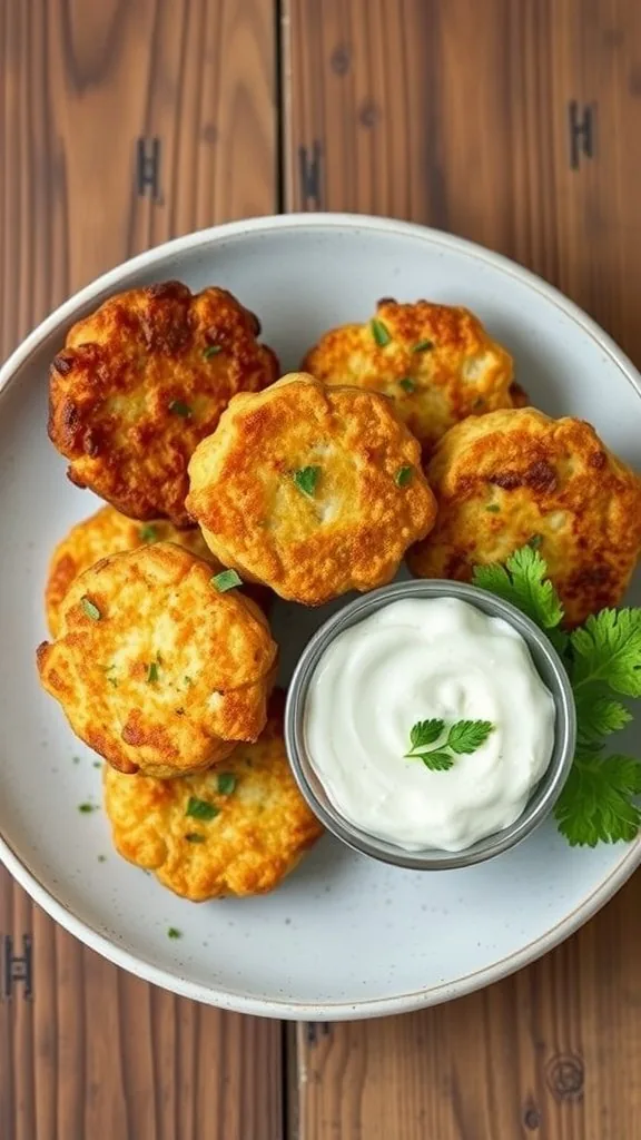 A plate of chickpea fritters served with tzatziki sauce, garnished with herbs.