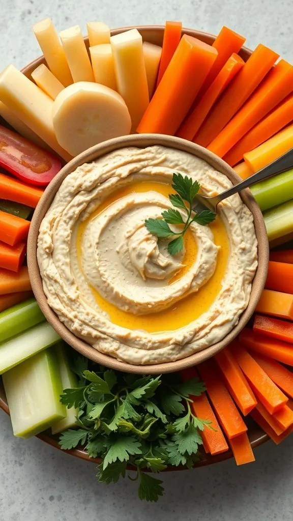 A bowl of chickpea hummus garnished with olive oil and surrounded by fresh cut vegetables including carrots, celery, and peppers.