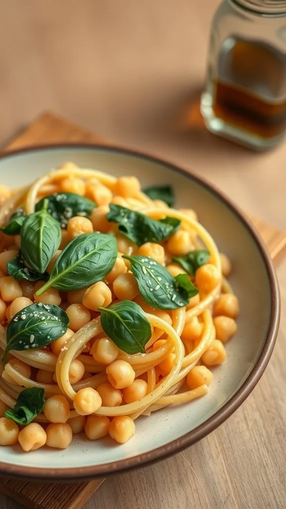 A bowl of chickpea pasta with garlic and spinach, garnished with fresh basil leaves and sesame seeds, beside a bottle of olive oil.
