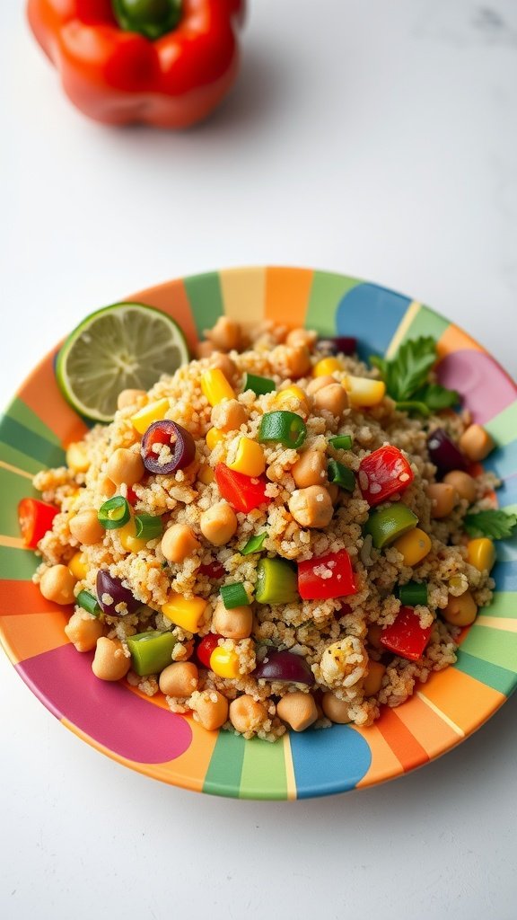 A colorful Chickpea Quinoa Salad served on a bright plate, featuring chickpeas, quinoa, bell peppers, and corn.