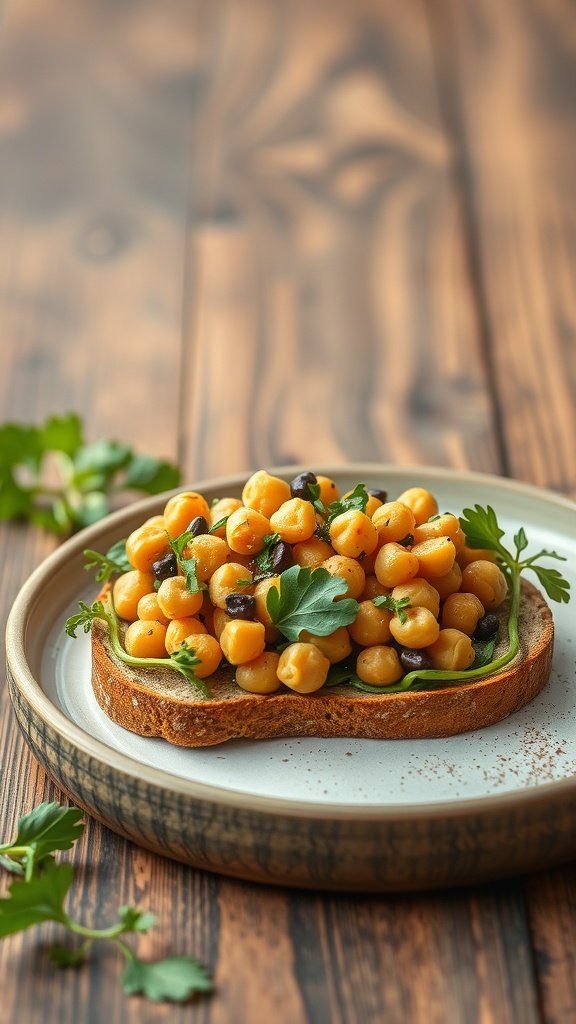 A plate of whole grain bread topped with a chickpea salad and fresh herbs.
