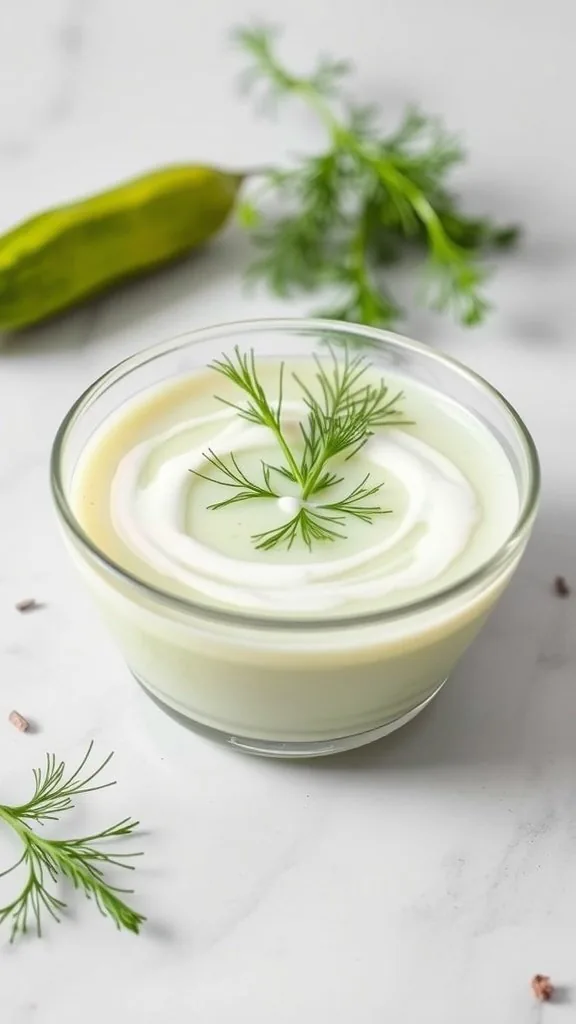 A bowl of chilled cucumber and yogurt soup garnished with dill, with a cucumber and dill sprig beside it.