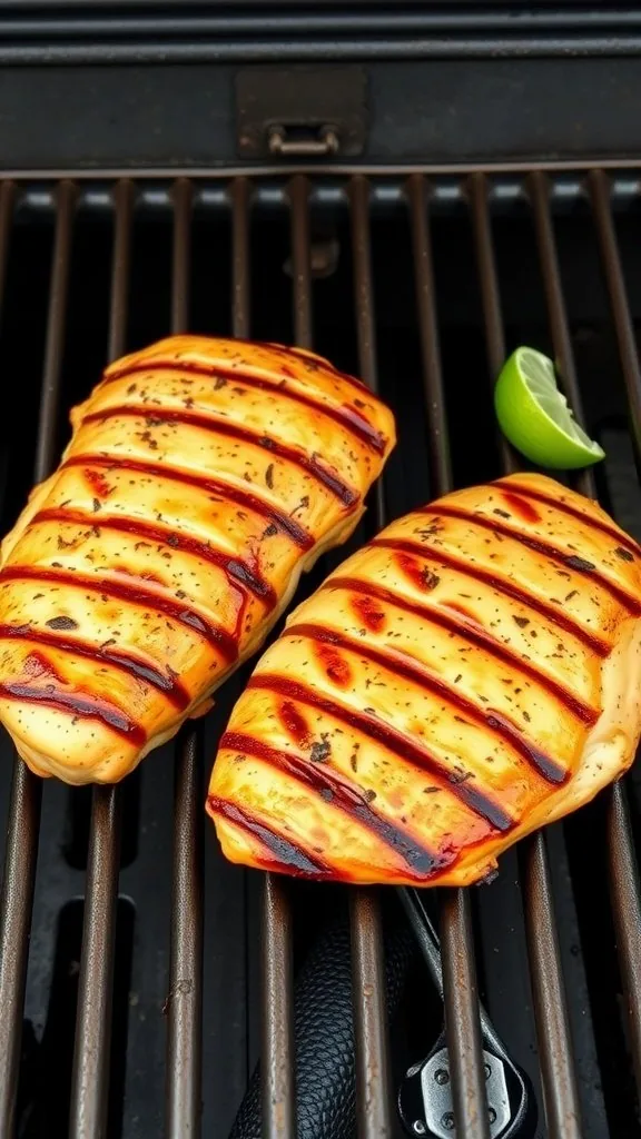Grilled chicken breasts with char marks and a lime wedge on a grill