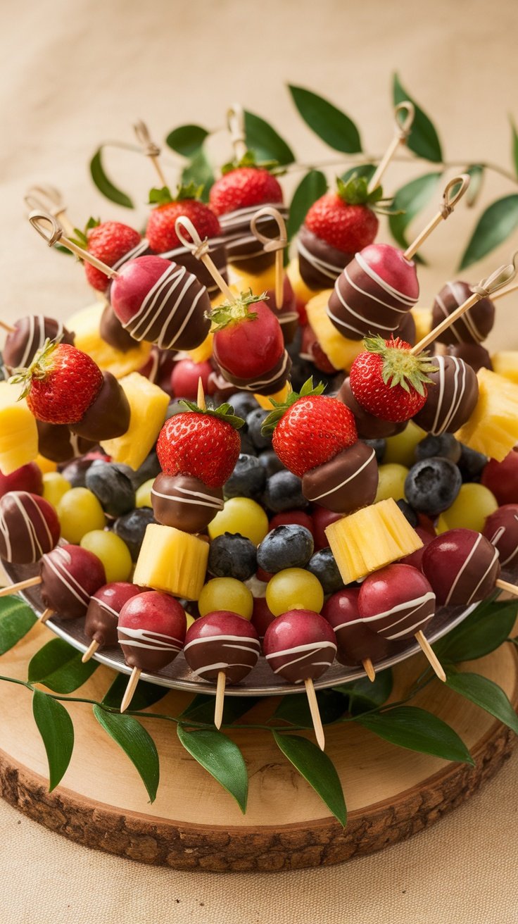 A plate of chocolate-dipped fruit skewers featuring strawberries, grapes, pineapple, and blueberries.