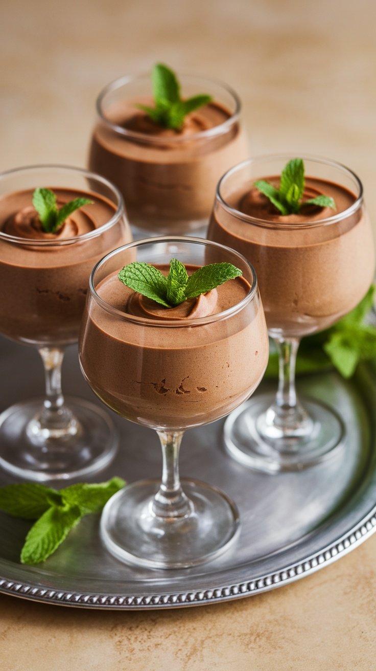 Four elegant glasses of chocolate avocado mousse topped with mint leaves on a silver tray.
