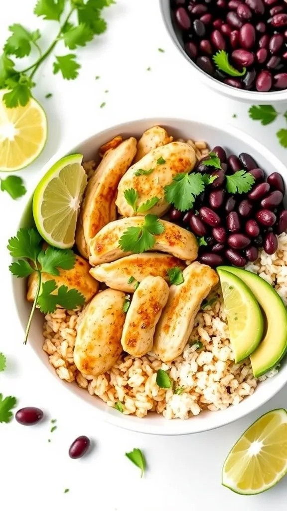 Healthy cilantro lime chicken bowl with rice, black beans, lime, and cilantro.
