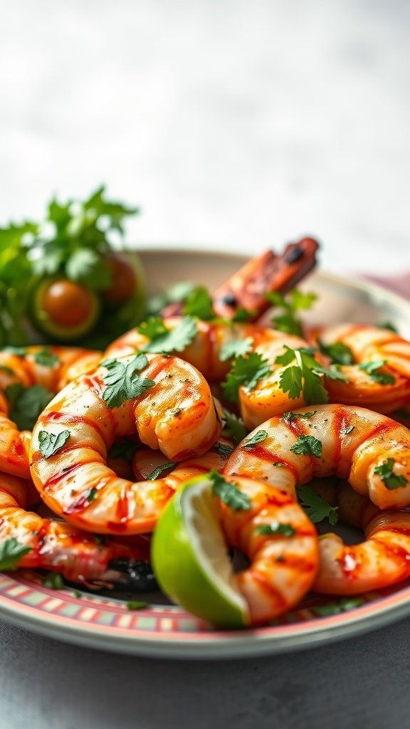 A plate of cilantro lime grilled shrimp garnished with fresh cilantro and lime wedges.